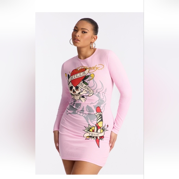 Ed Hardy Dresses & Skirts - Ed Hardy Retro Flash Ribbed Mini Dress - Pink Size 1X (EUC)